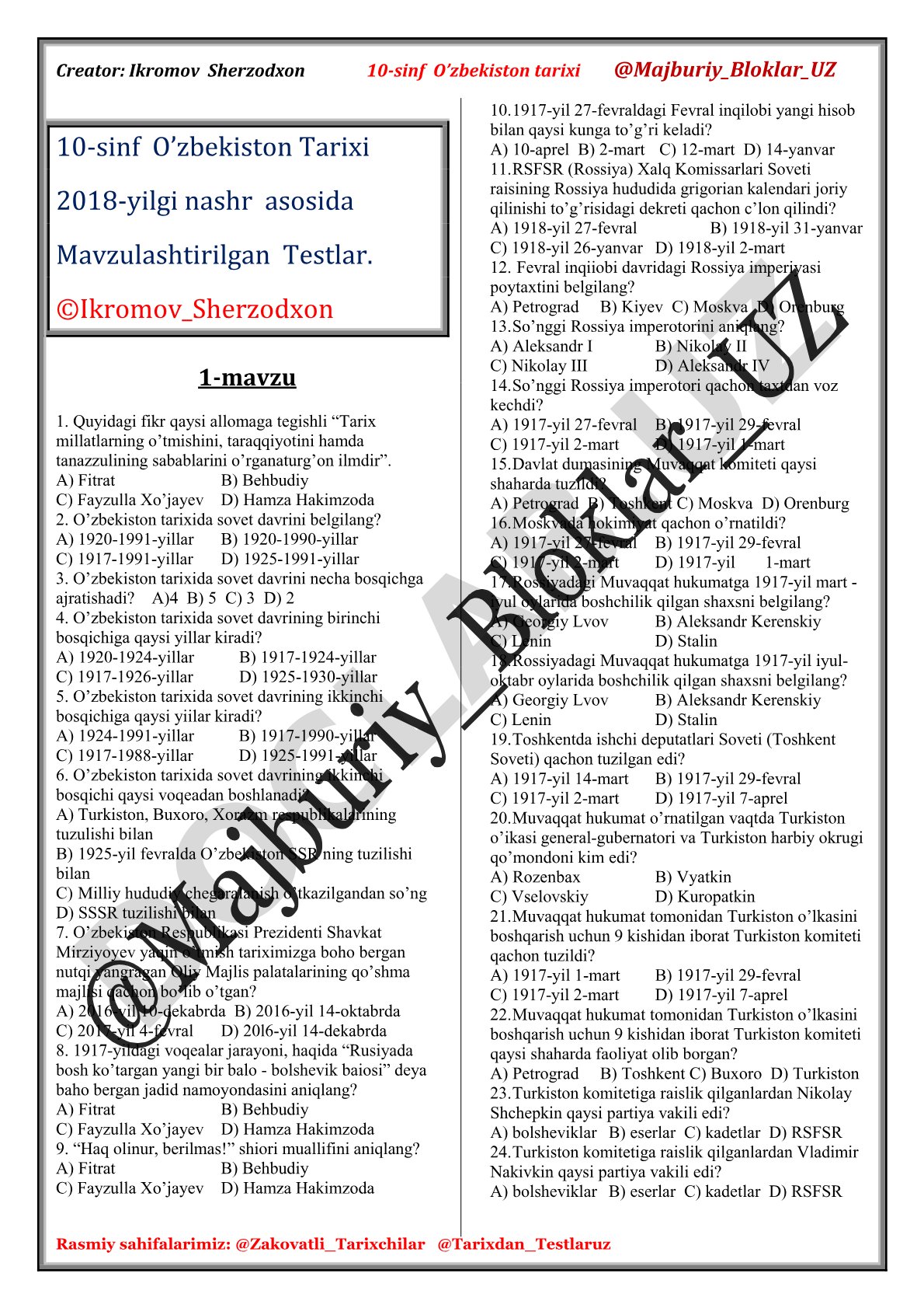O'zbekiston tarixi sovet davri mavzusidagi testlar