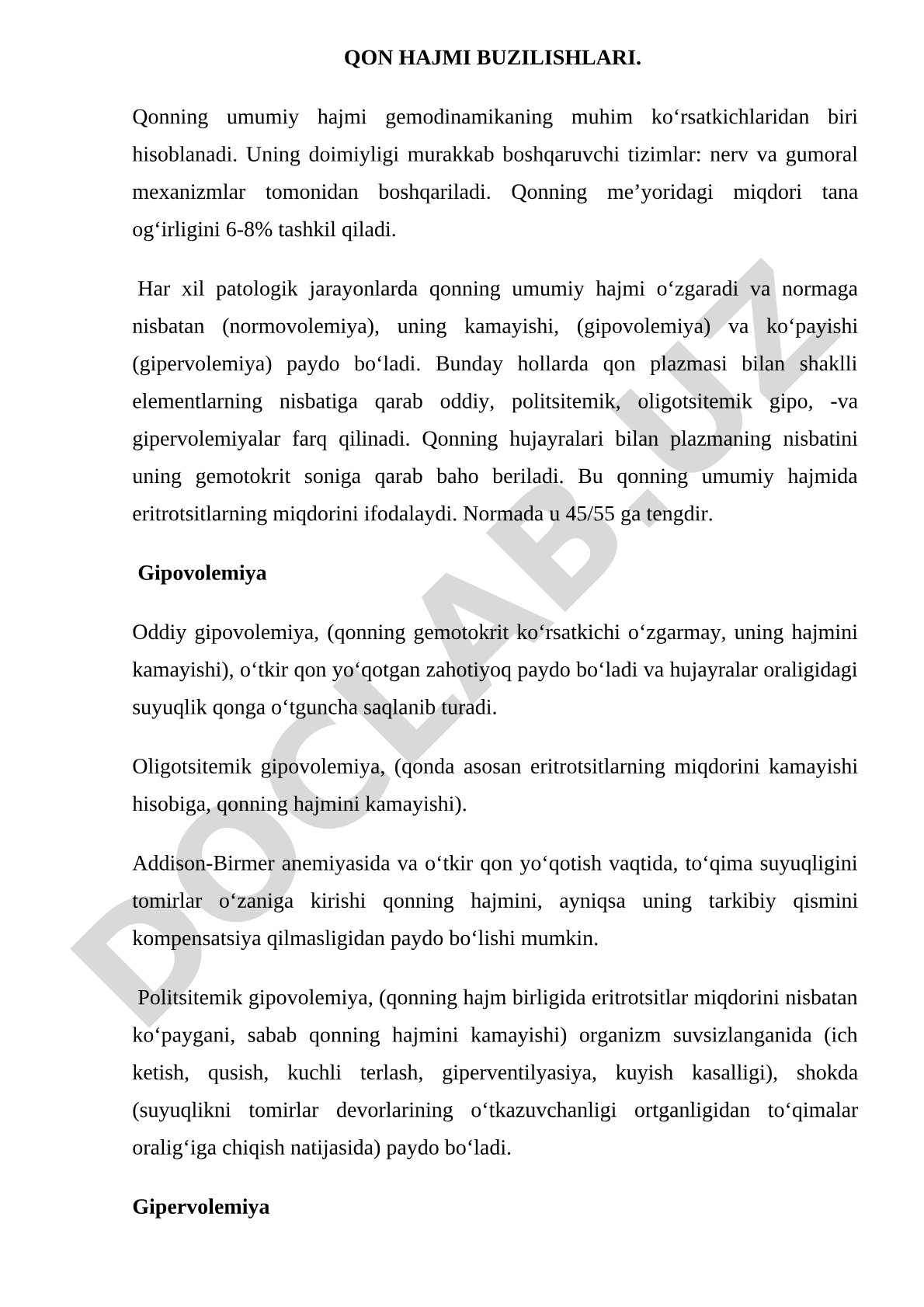 Qon hajmi buzilishlari