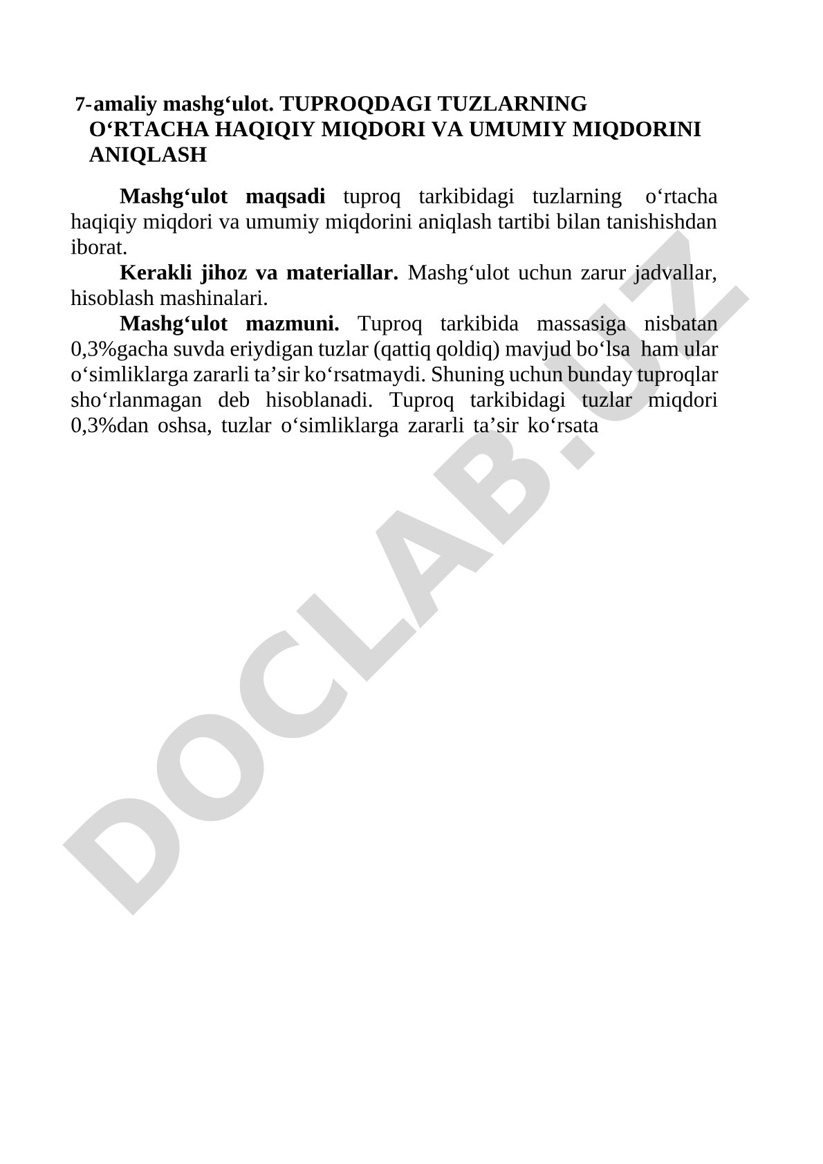 TUPROQDAGI TUZLARNING O‘RTACHA HAQIQIY MIQDORI VA UMUMIY MIQDORINI ANIQLASH
