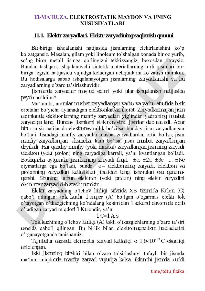 ELEKTROSTATIK MAYDON VA UNING XUSUSIYATLARI