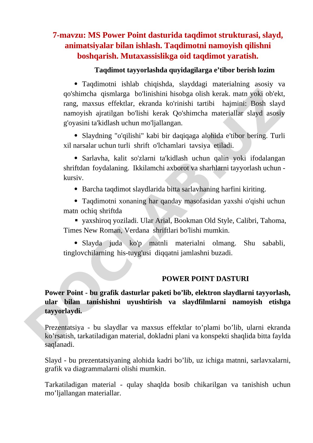 MS Power Point dasturida slaydlar va animatsiyalar bilan ishlash