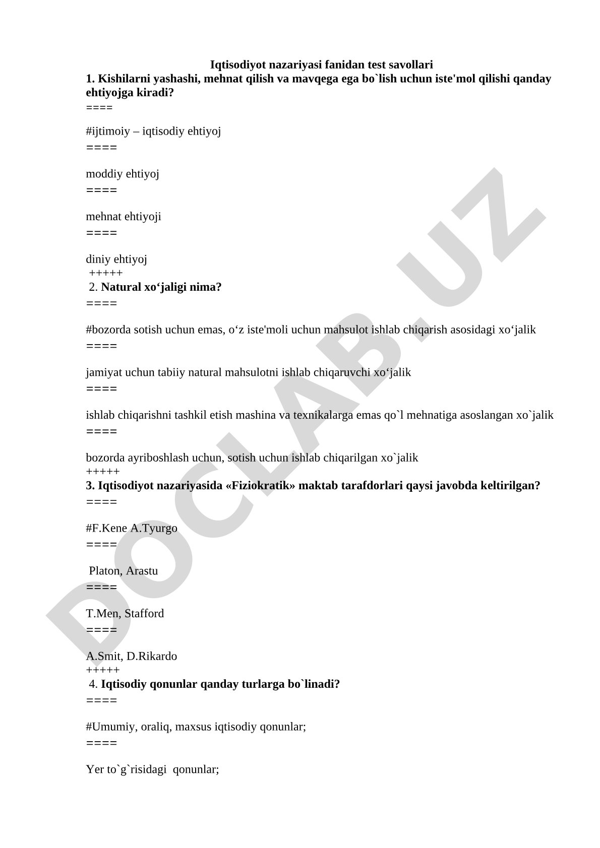 Iqtisodiyot nazariyasi fanidan test savollari