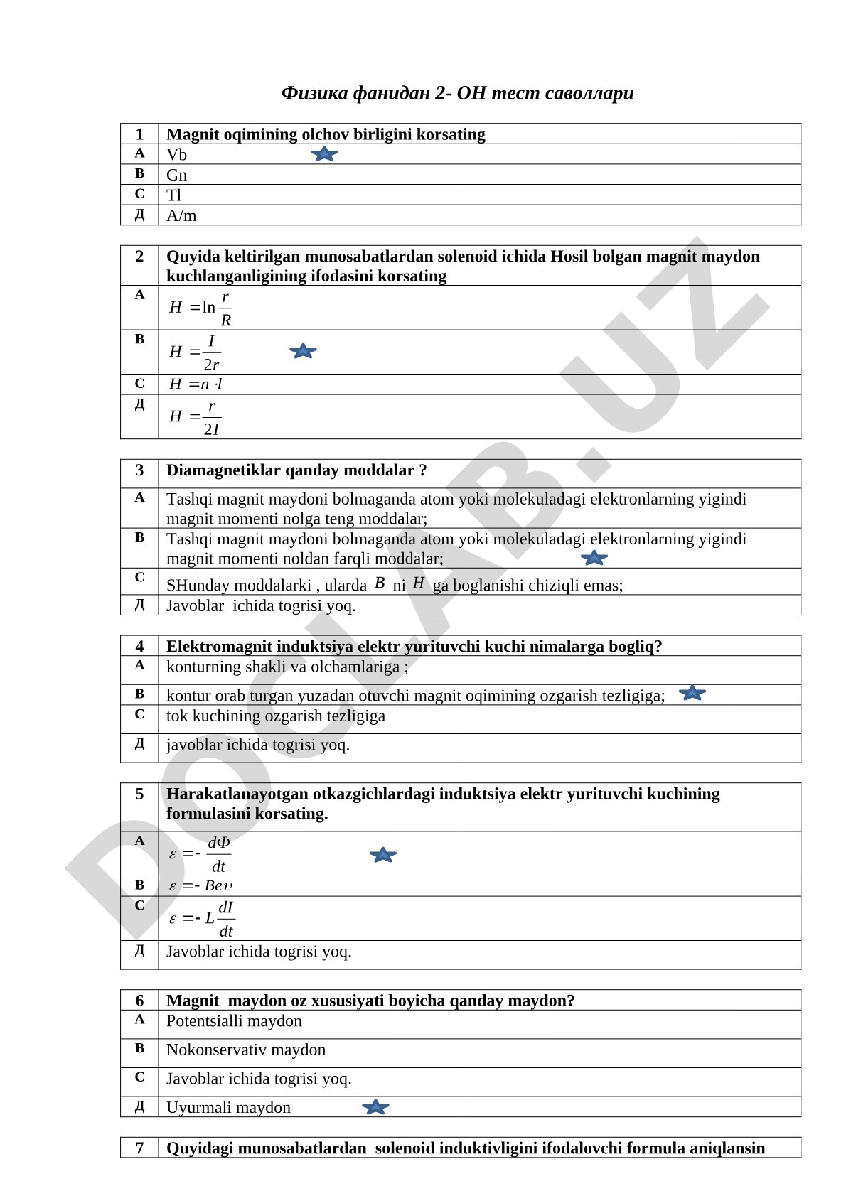 Fizika fanidan 2-ON test savollari