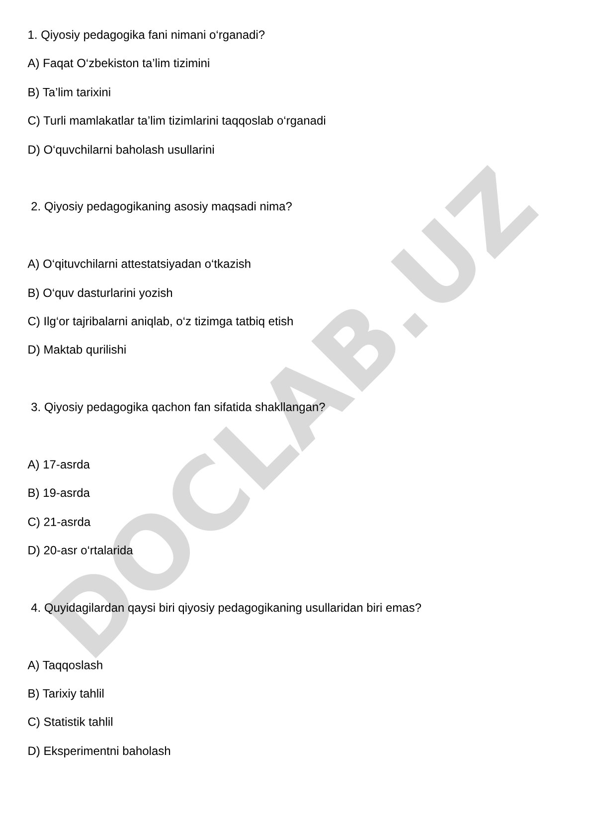 Qiyosiy pedagogika fanidan test savollari