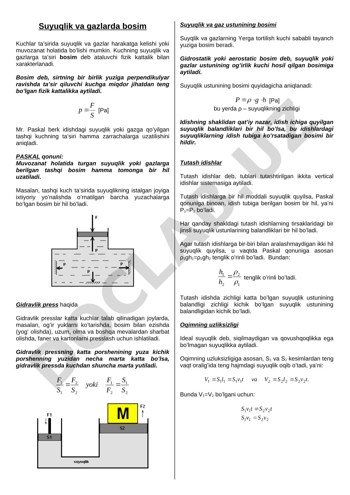 Suyuqlik va gazlarda bosim va Paskal qonuni