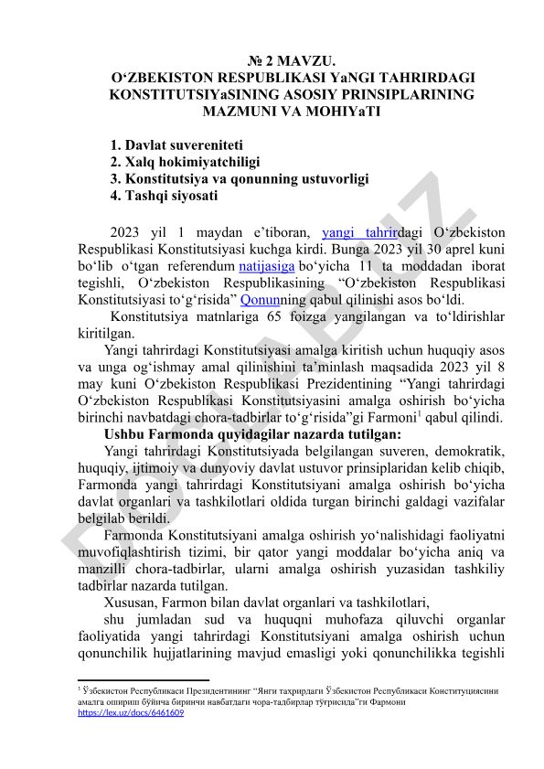 O‘zbekiston Respublikasi yangi tahrirdagi Konstitutsiyasining asosiy prinsiplari