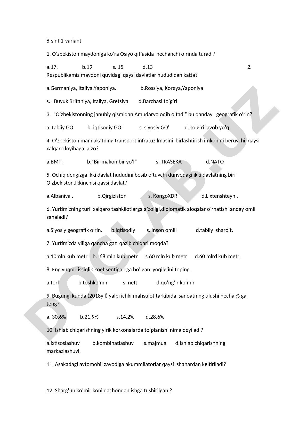 8-sinf Geografiya 1-variant test savollari