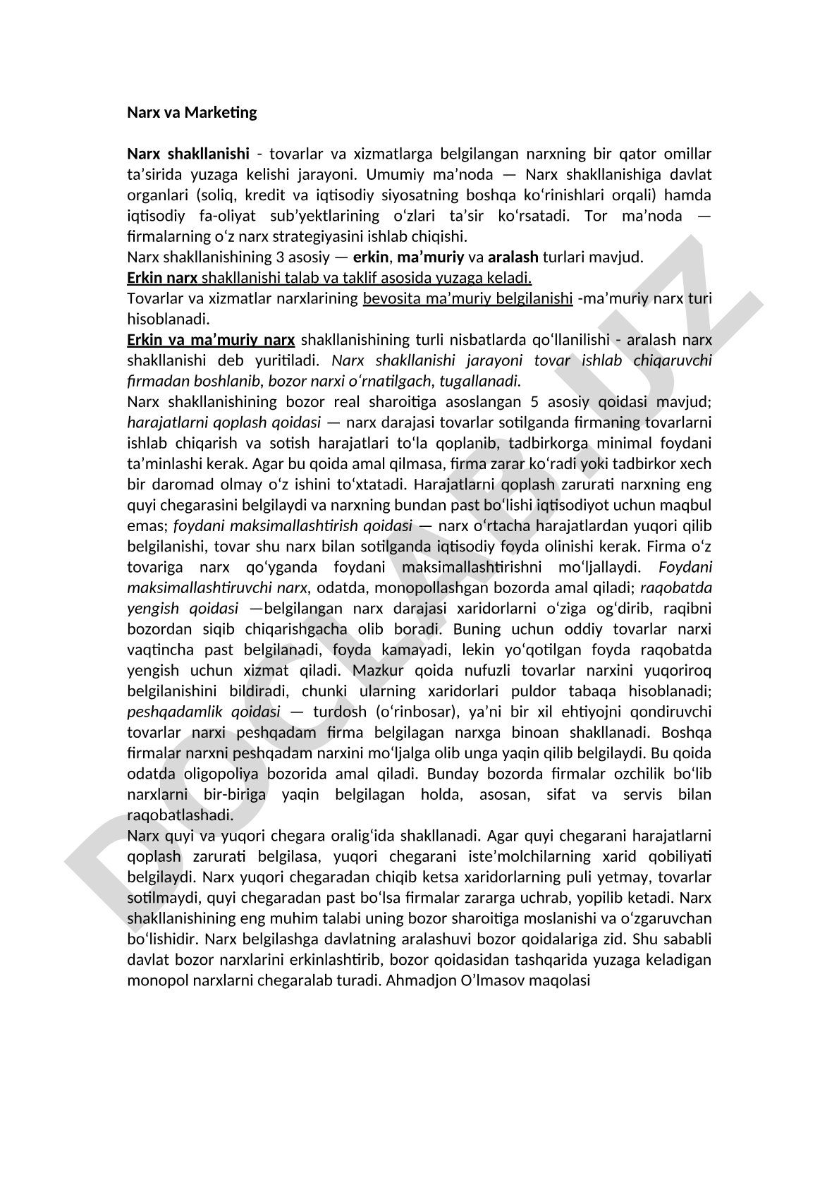 Narx shakllanishi va marketing