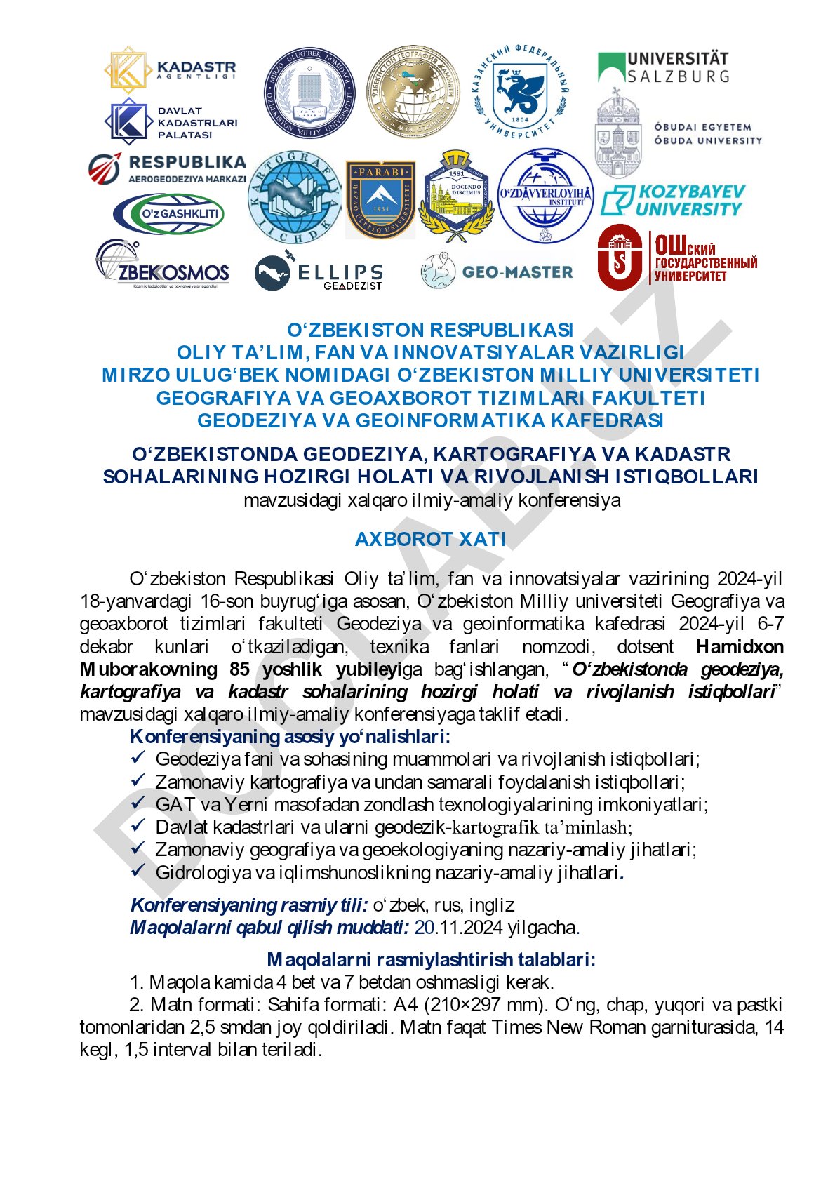 O‘zbekistonda geodeziya, kartografiya va kadastr sohalarining hozirgi holati va rivojlanish istiqbollari