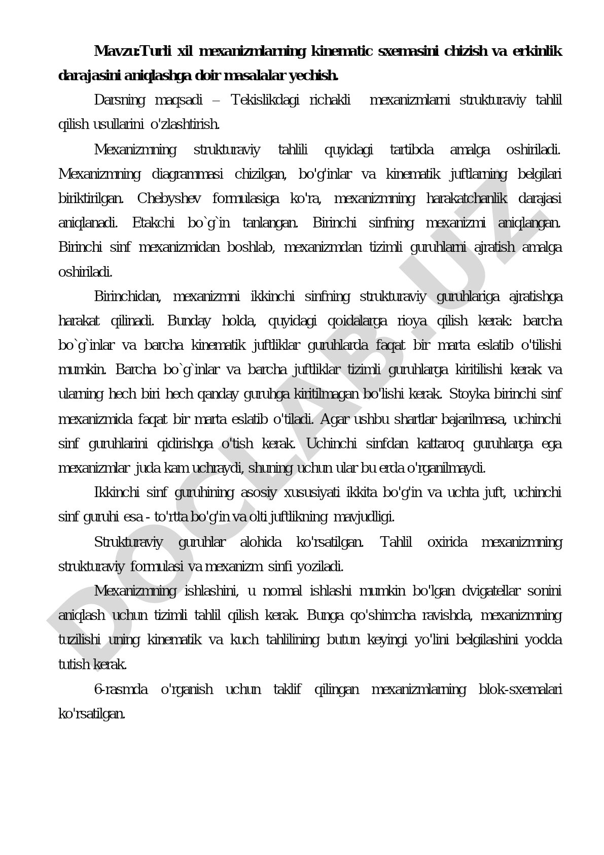 Turli xil mexanizmlarning kinematic sxemasini chizish va erkinlik darajasini aniqlashga doir masalalar yechish