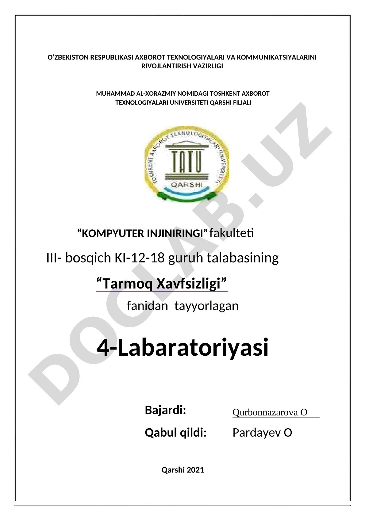 Tarmoq Xavfsizligi fanidan tayyorlagan 4-Labaratoriyasi