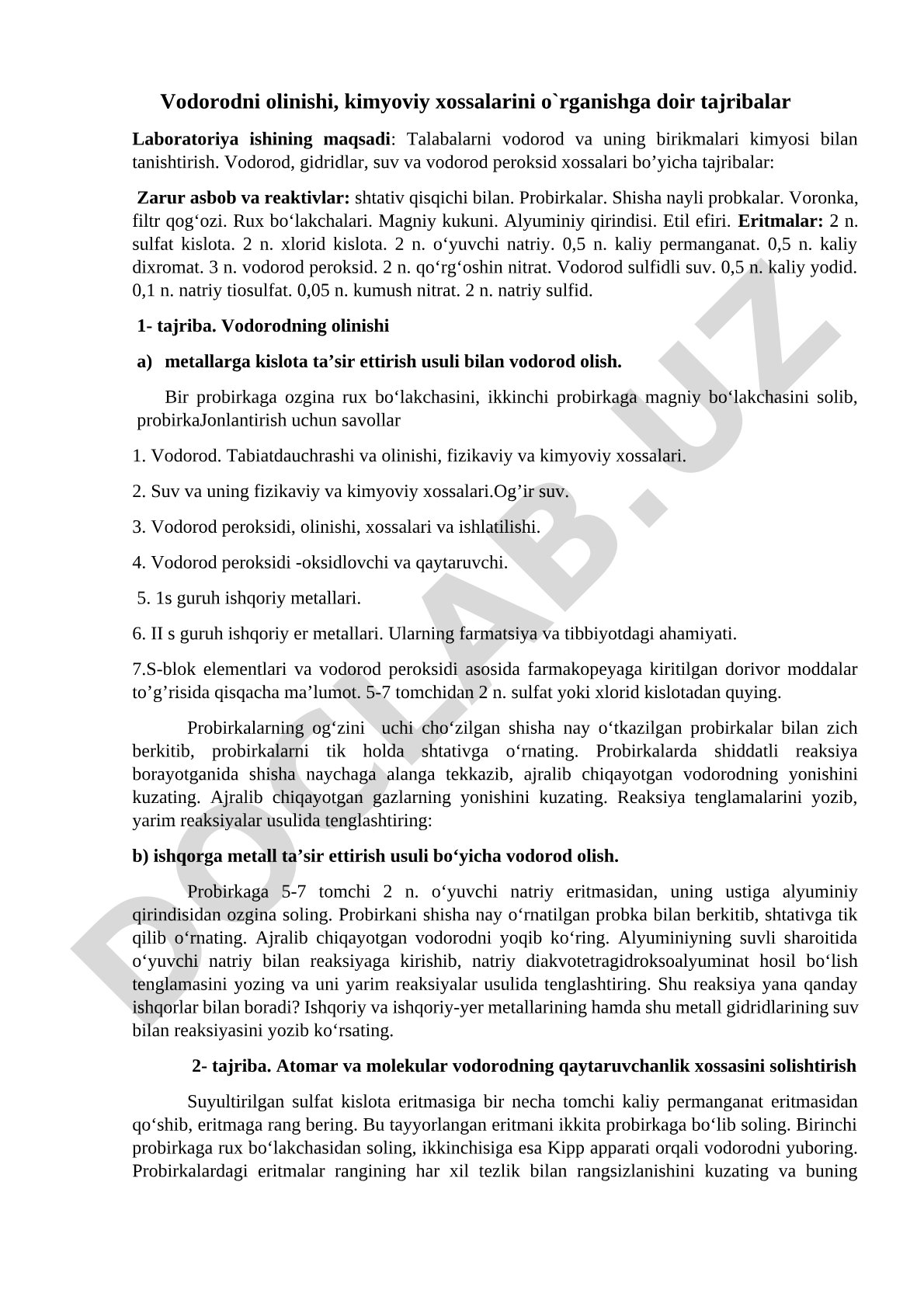 Vodorodni olinishi, kimyoviy xossalarini o'rganishga doir tajribalar