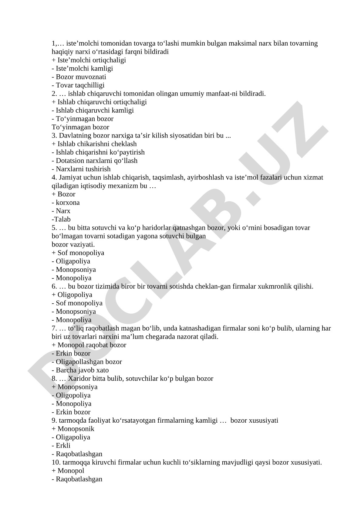 Bozor va raqobat mavzusidagi test savollari