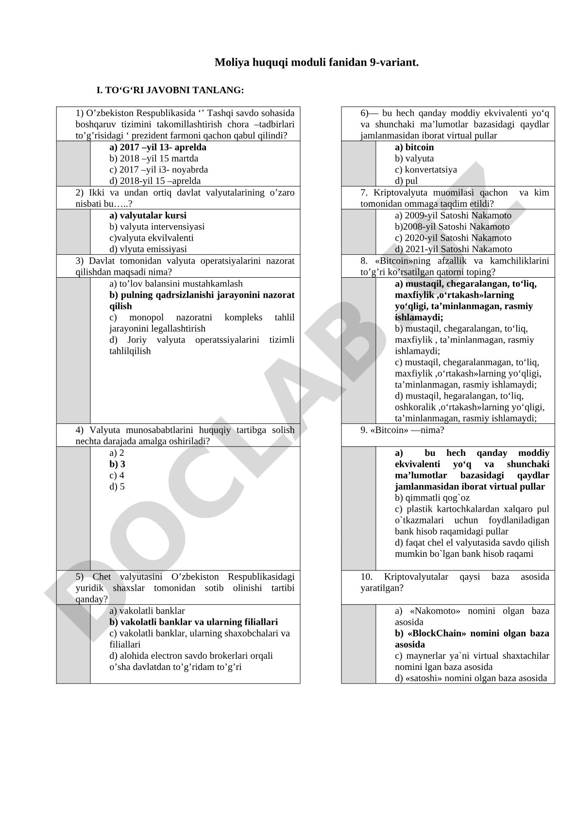 Moliya huquqi moduli fanidan 9-variant