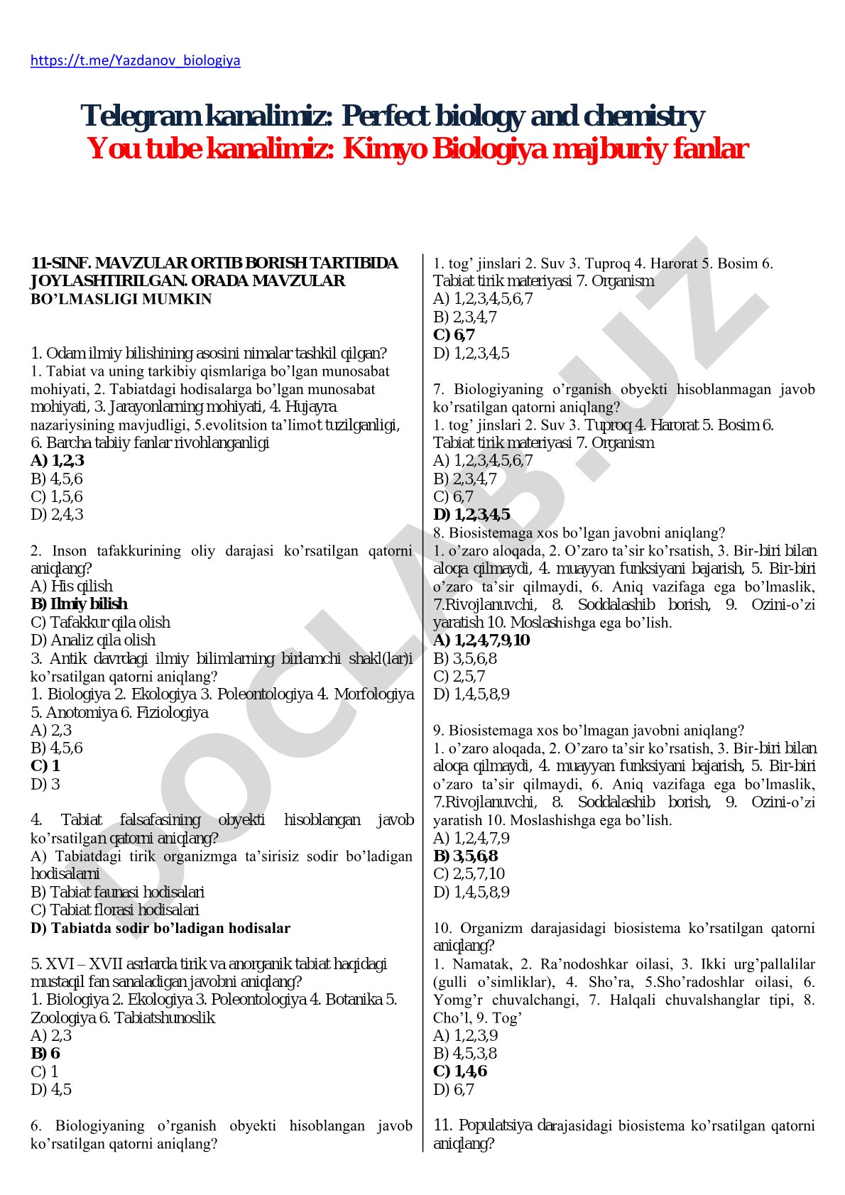 11-sinf biologiya va kimyo fanlaridan test savollari