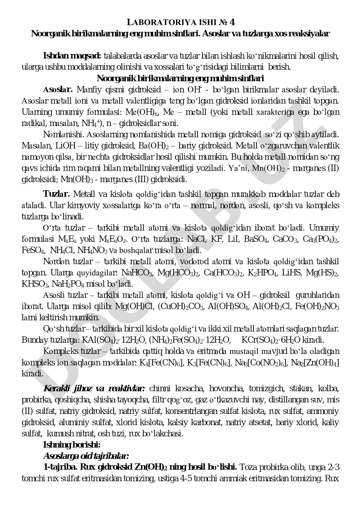 Noorganik birikmalarning eng muhim sinflari. Asoslar va tuzlarga xos reaksiyalar