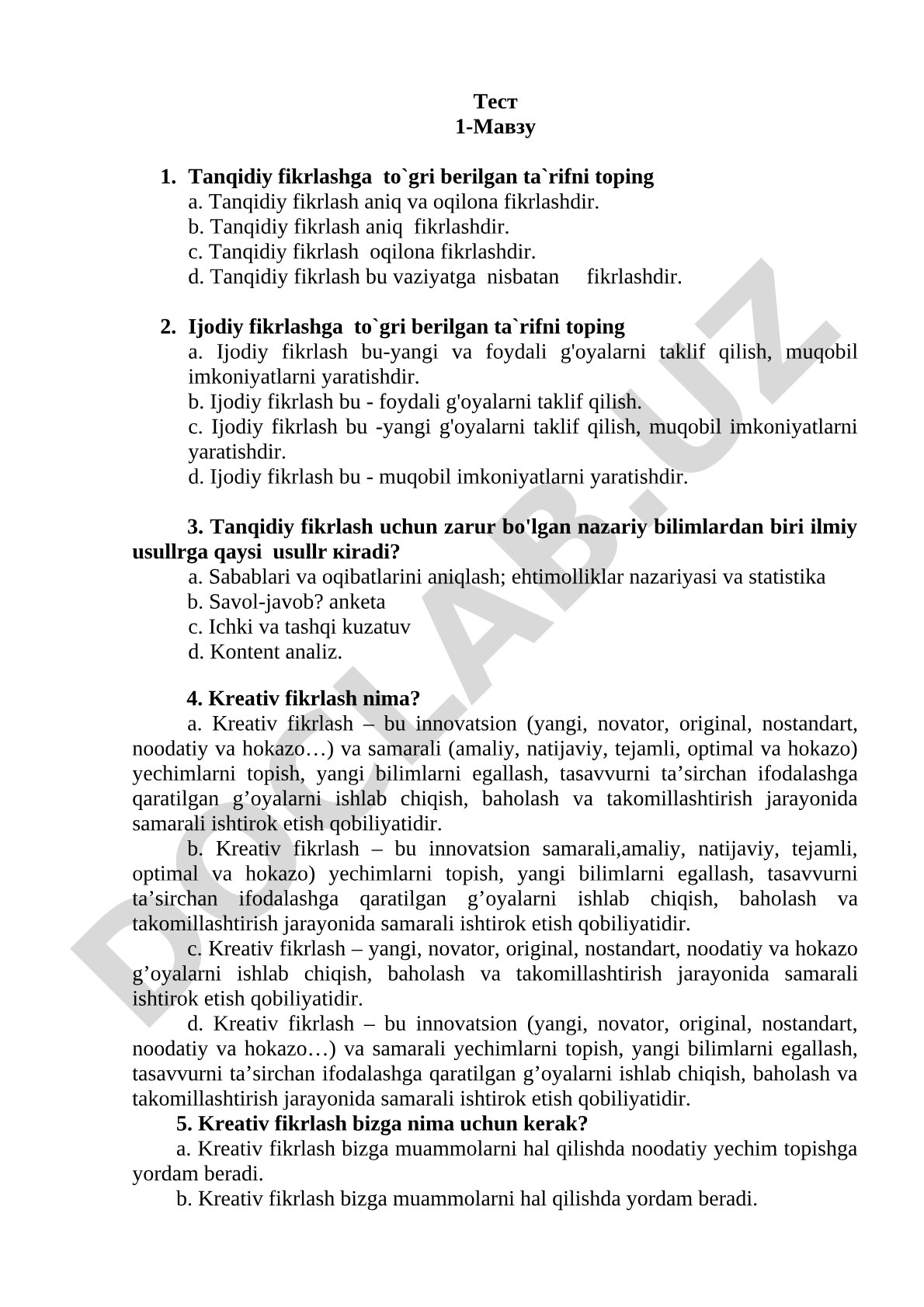 Tanqidiy va ijodiy fikrlash bo'yicha test savollari