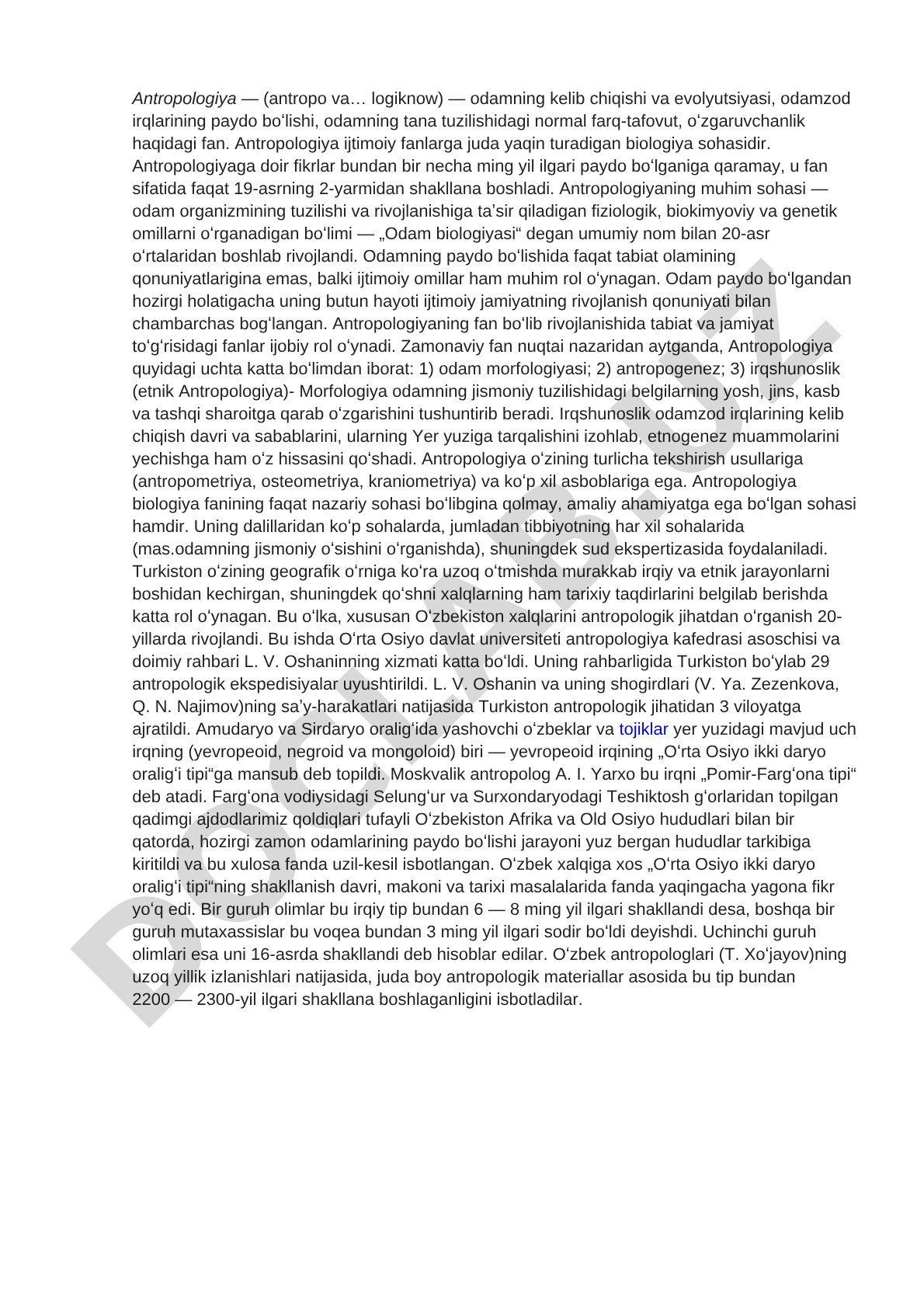 Antropologiya fanining mazmuni va bo'limlari