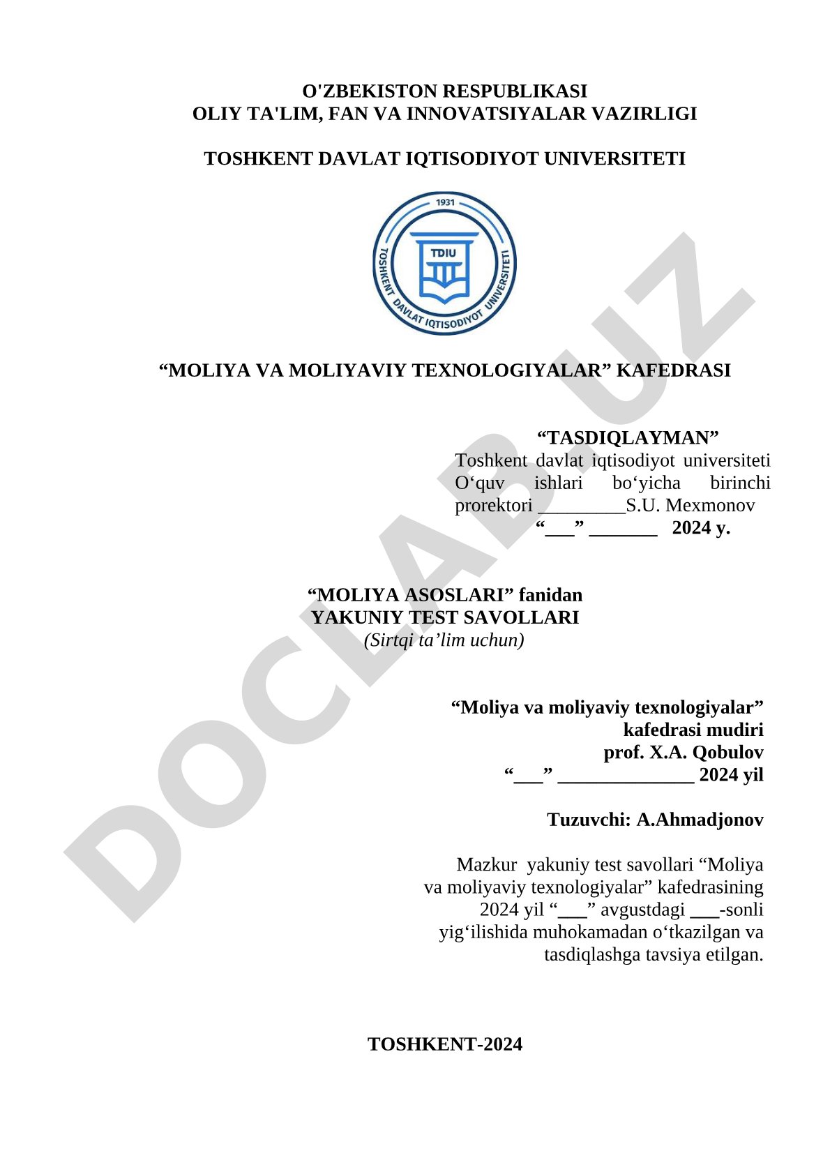 «Moliya asoslari» fanidan yakuniy test savollari