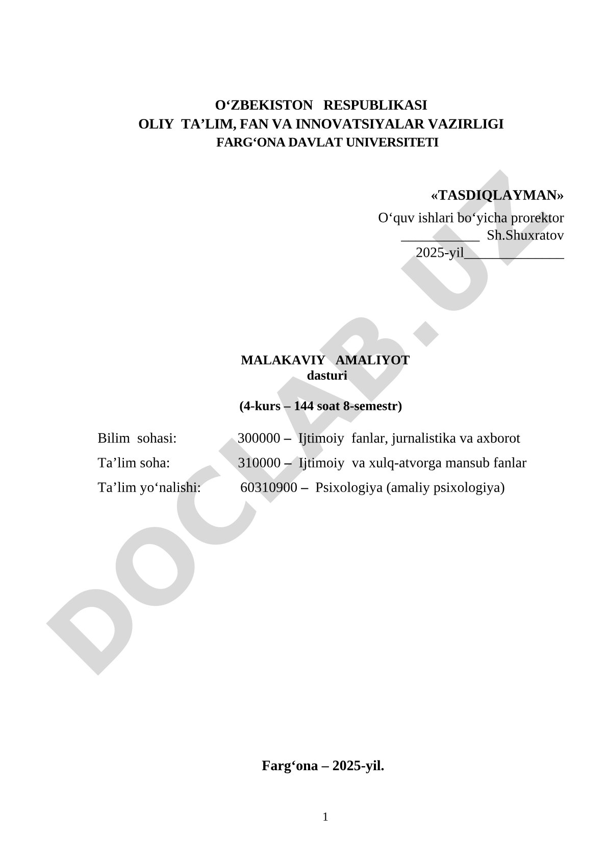 Psixologiya (amaliy psixologiya) malakaviy amaliyot dasturi