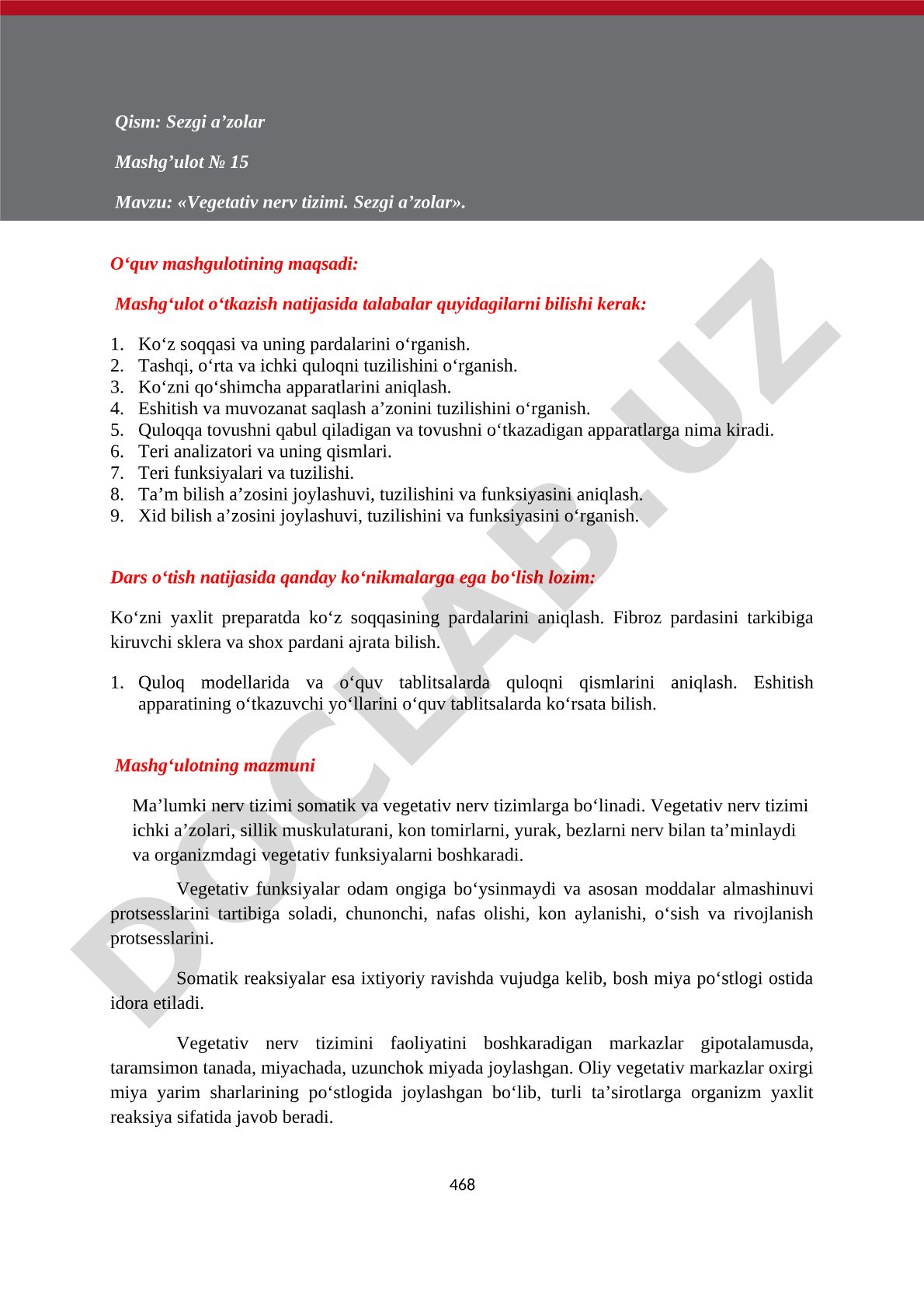 Vegetativ nerv tizimi. Sezgi a’zolar