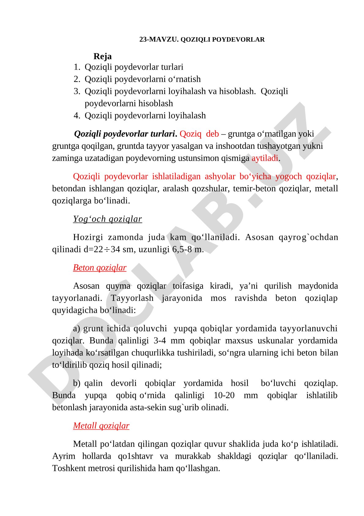 Qoziqli poydevorlarning turlari, o'rnatish, loyihalash va hisoblash usullari