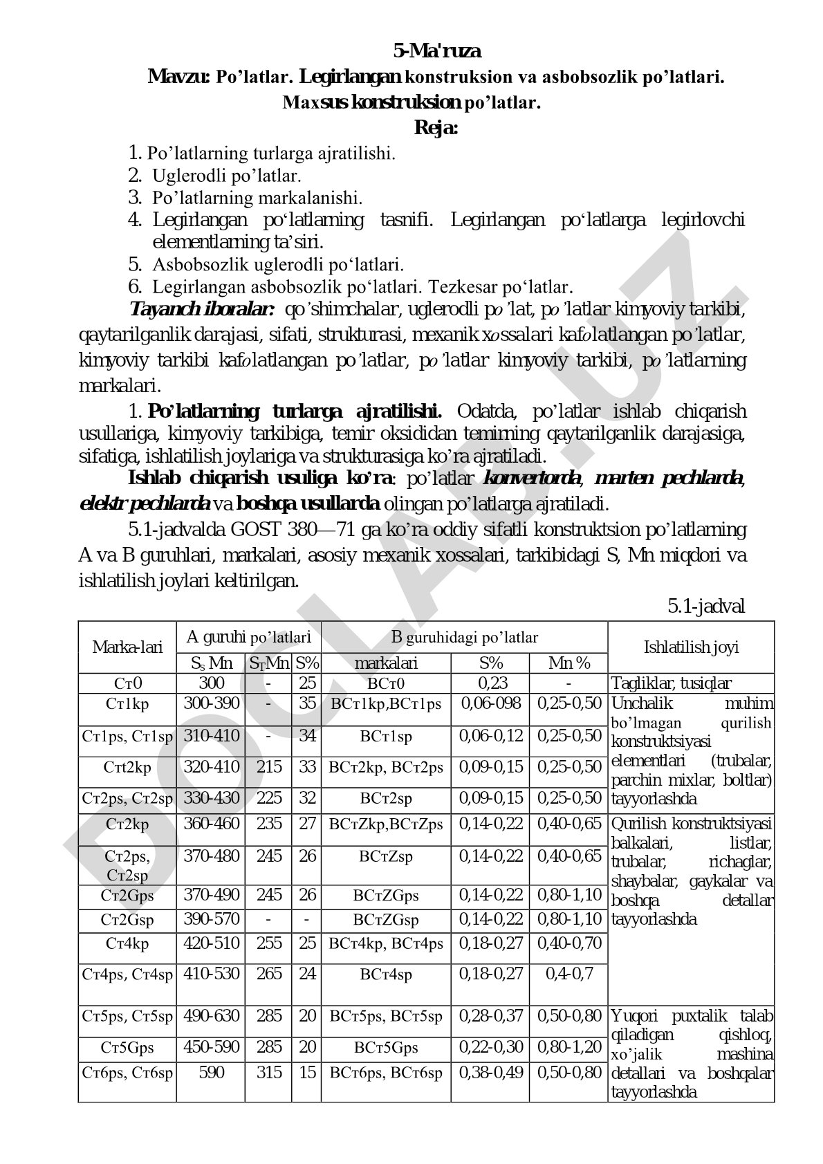 Po’latlar. Legirlangan konstruksion va asbobsozlik po’latlari. Махsus konstruksion po’latlar