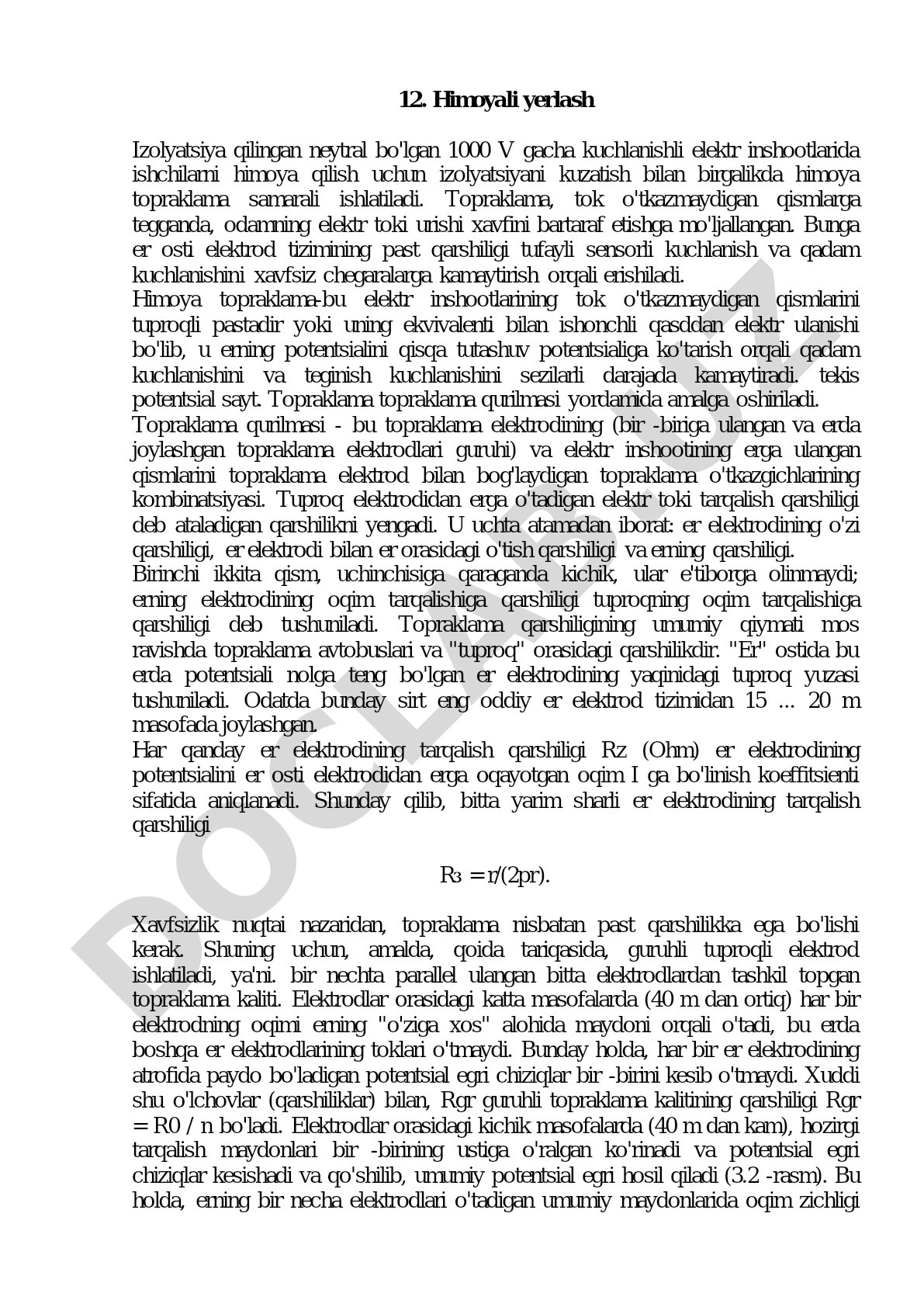 1000 V gacha bo'lgan elektr inshootlarida himoya topraklamasi va uning qo'llanilishi