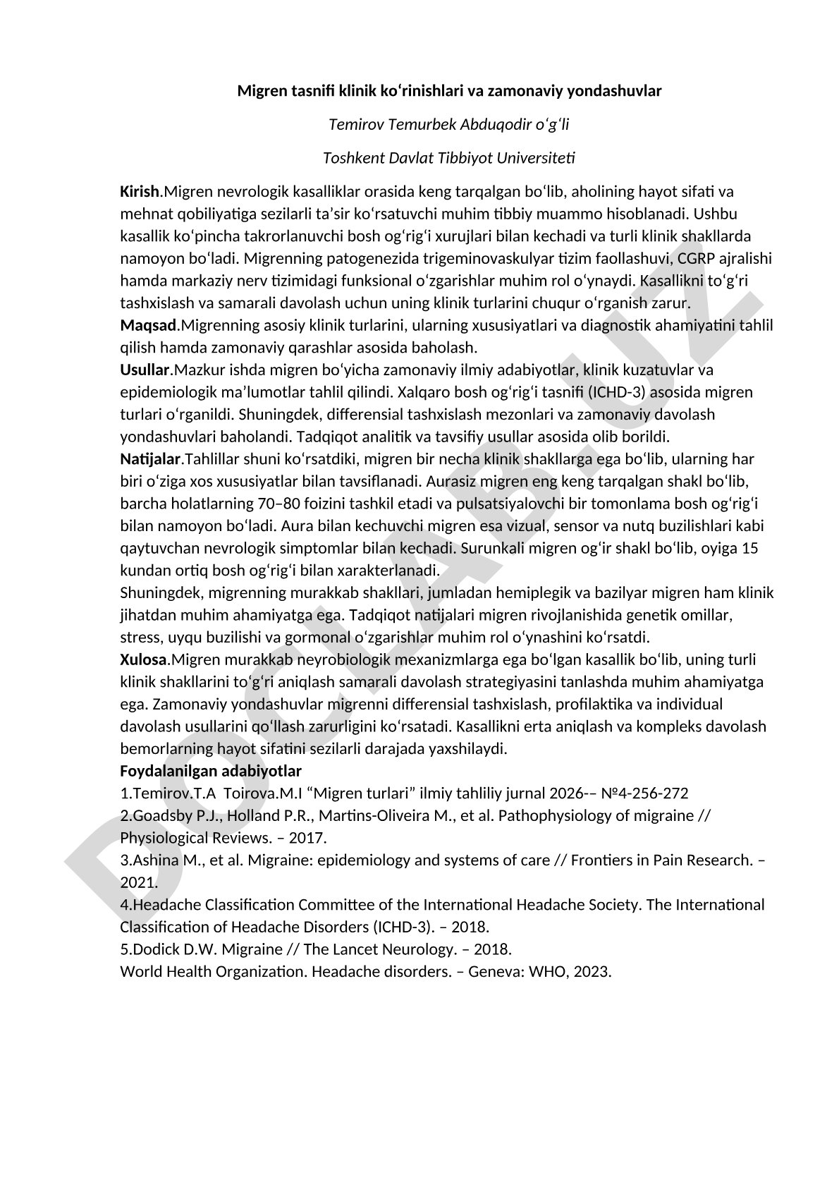 Migren tasnifi klinik ko‘rinishlari va zamonaviy yondashuvlar