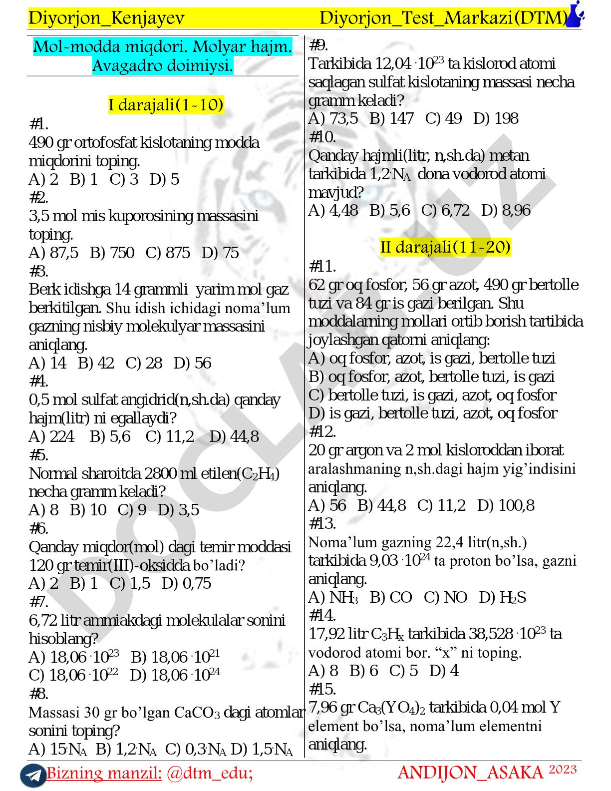Mol-modda miqdori. Molyar hajm. Avagadro doimiysi.