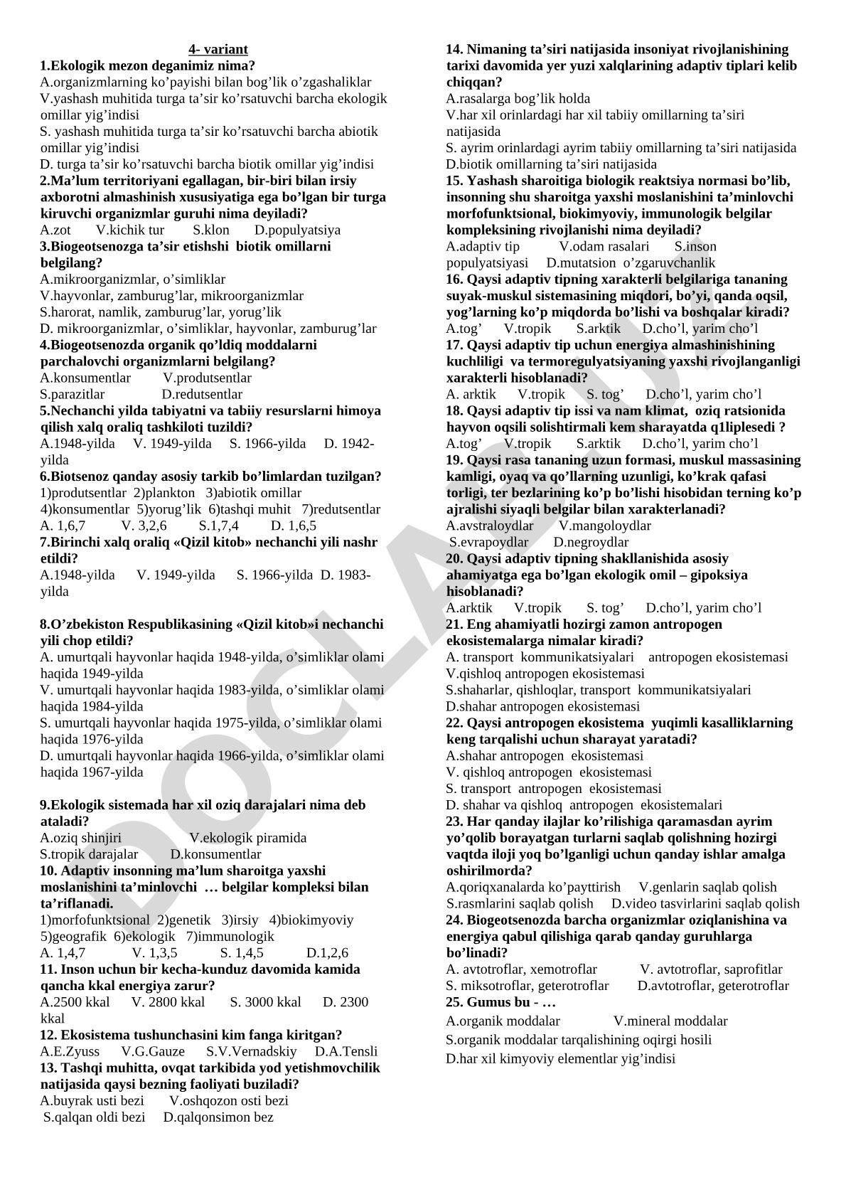 Ekologiya fanidan 4-variant testlar