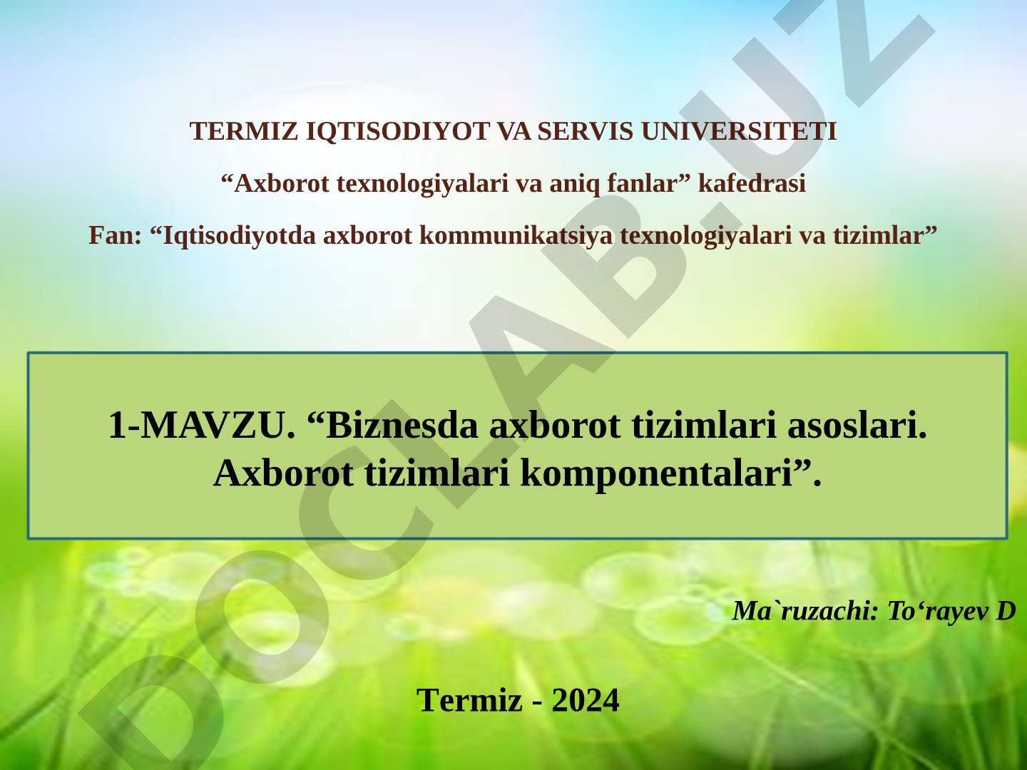 Biznesda axborot tizimlari asoslari. Axborot tizimlari komponentalari