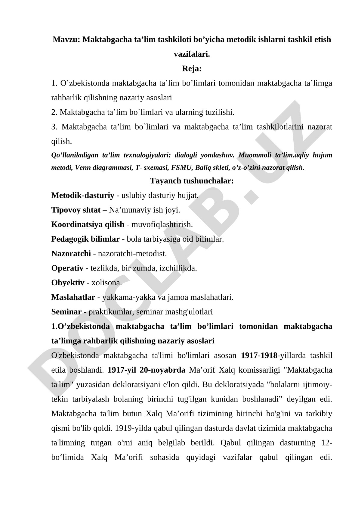 Maktabgacha ta’lim tashkiloti bo’yicha metodik ishlarni tashkil etish vazifalari