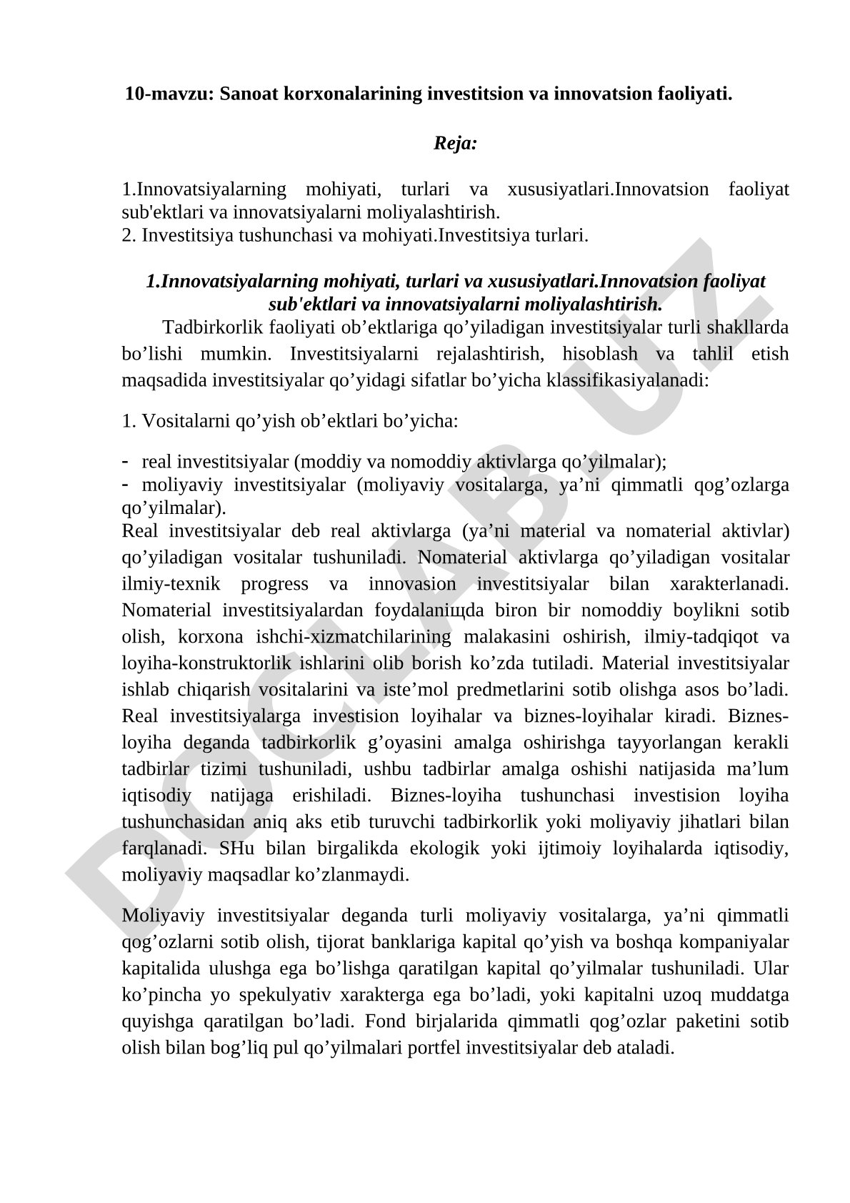 Sanoat korxonalarining investitsion va innovatsion faoliyati