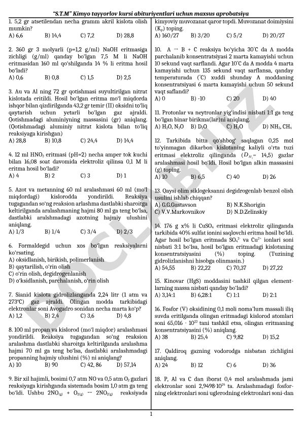 Kimyo tayyorlov kursi abituriyentlari uchun test savollari