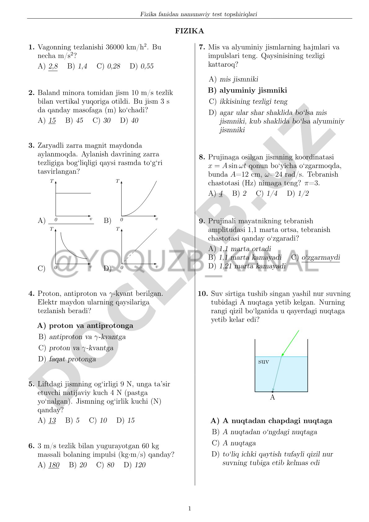 Fizika fanidan namunaviy test topshiriqlari