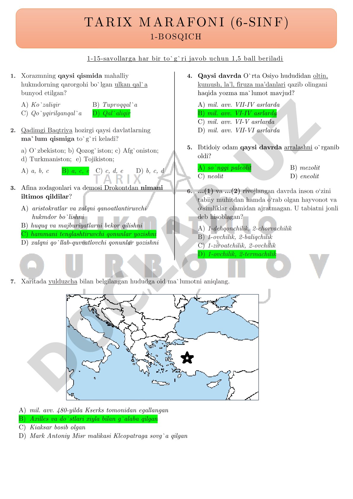 Tarix fanidan test savollari