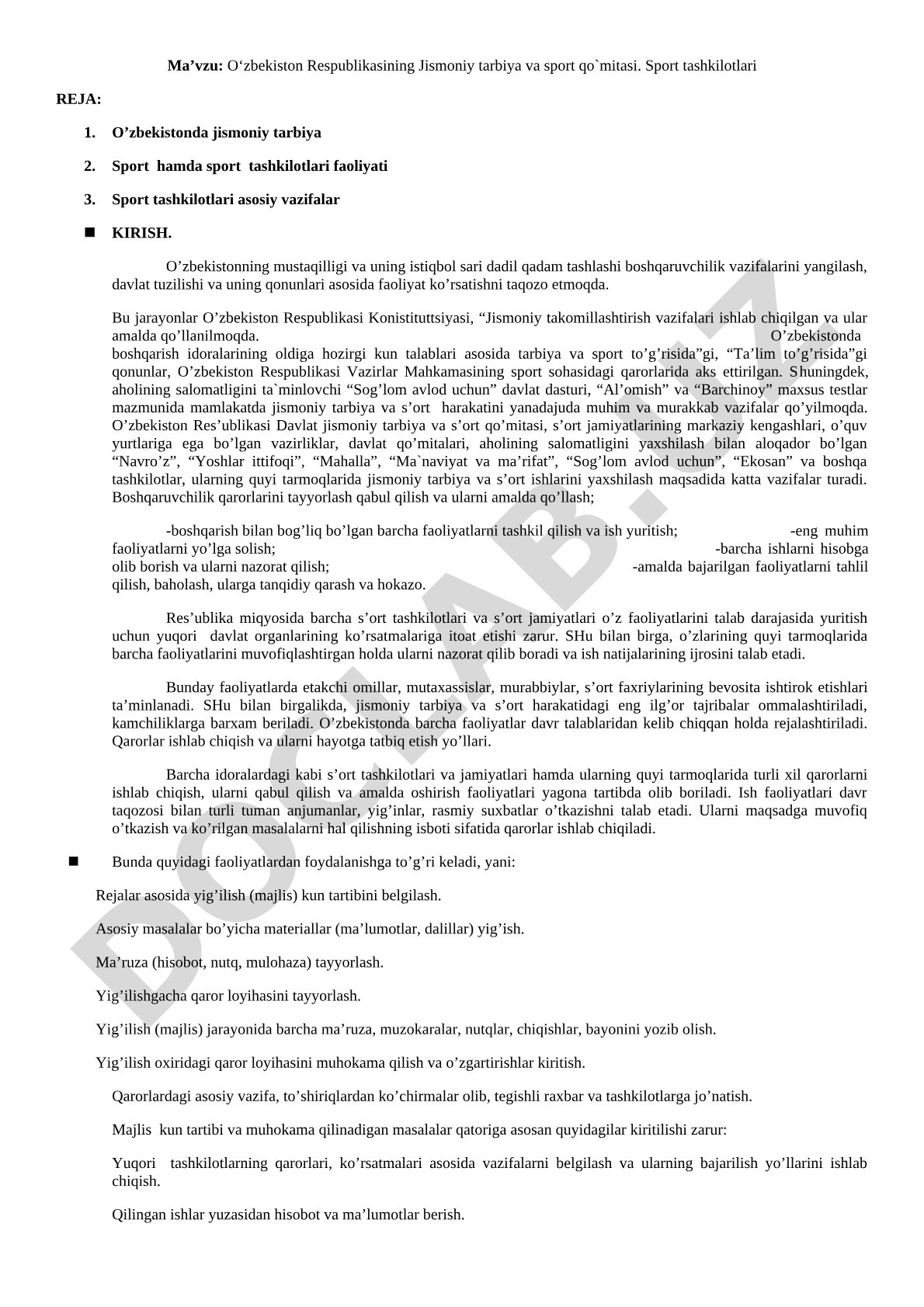 O‘zbekiston Respublikasining Jismoniy tarbiya va sport qo‘mitasi. Sport tashkilotlari