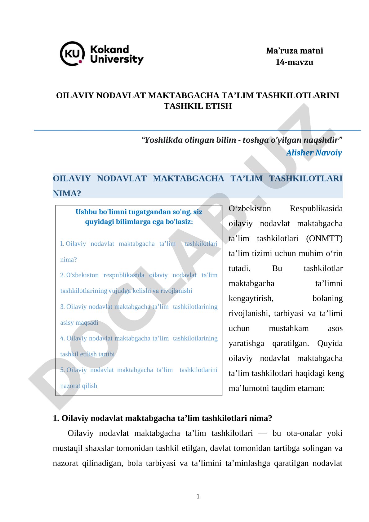 OILAVIY NODAVLAT MAKTABGACHA TA’LIM TASHKILOTLARINI TASHKIL ETISH