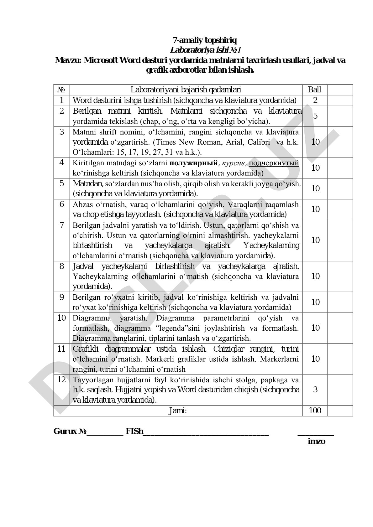 Microsoft Word dasturi yordamida matnlarni taxrirlash usullari, jadval va grafik axborotlar bilan ishlash