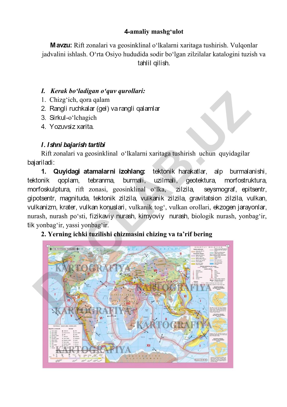 Rift zonalari va geosinklinal o'lkalarni xaritaga tushirish, vulqonlar jadvali va O'rta Osiyo zilzilalari katalogi