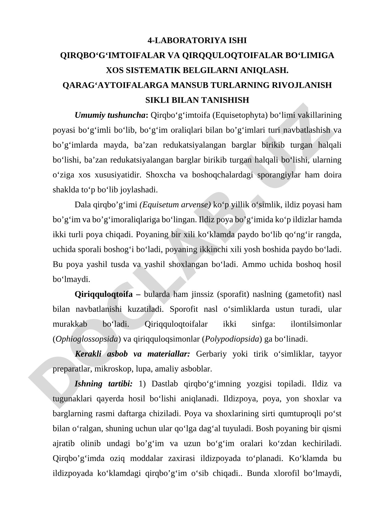 Qirqbo‘g‘imtoifalar va qirqquloqtoifalar sistematik belgilari hamda qarag‘aytoifalar rivojlanish sikli