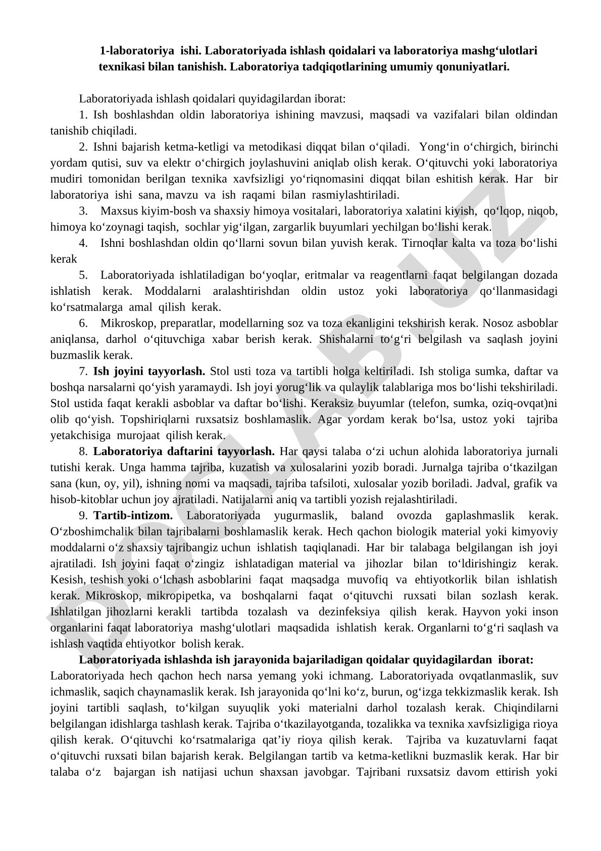 Laboratoriyada ishlash qoidalari va laboratoriya mashg'ulotlari texnikasi bilan tanishish