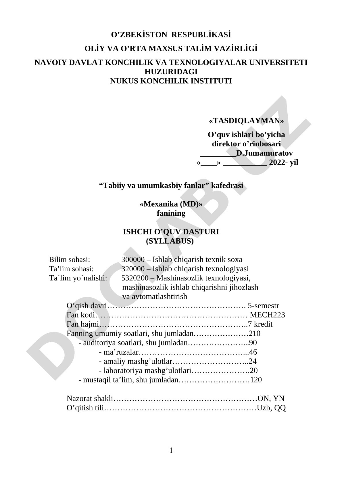 Mexanika (MD) fanining ishchi o’quv dasturi (Syllabus)