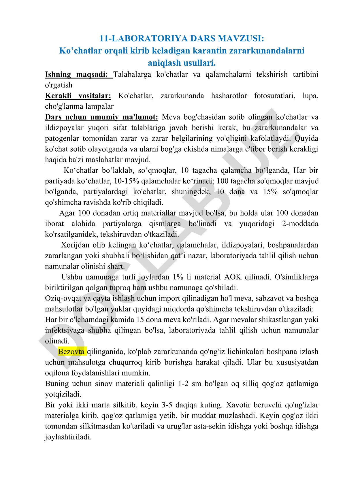 Ko’chatlar orqali kirib keladigan karantin zararkunandalarni aniqlash usullari