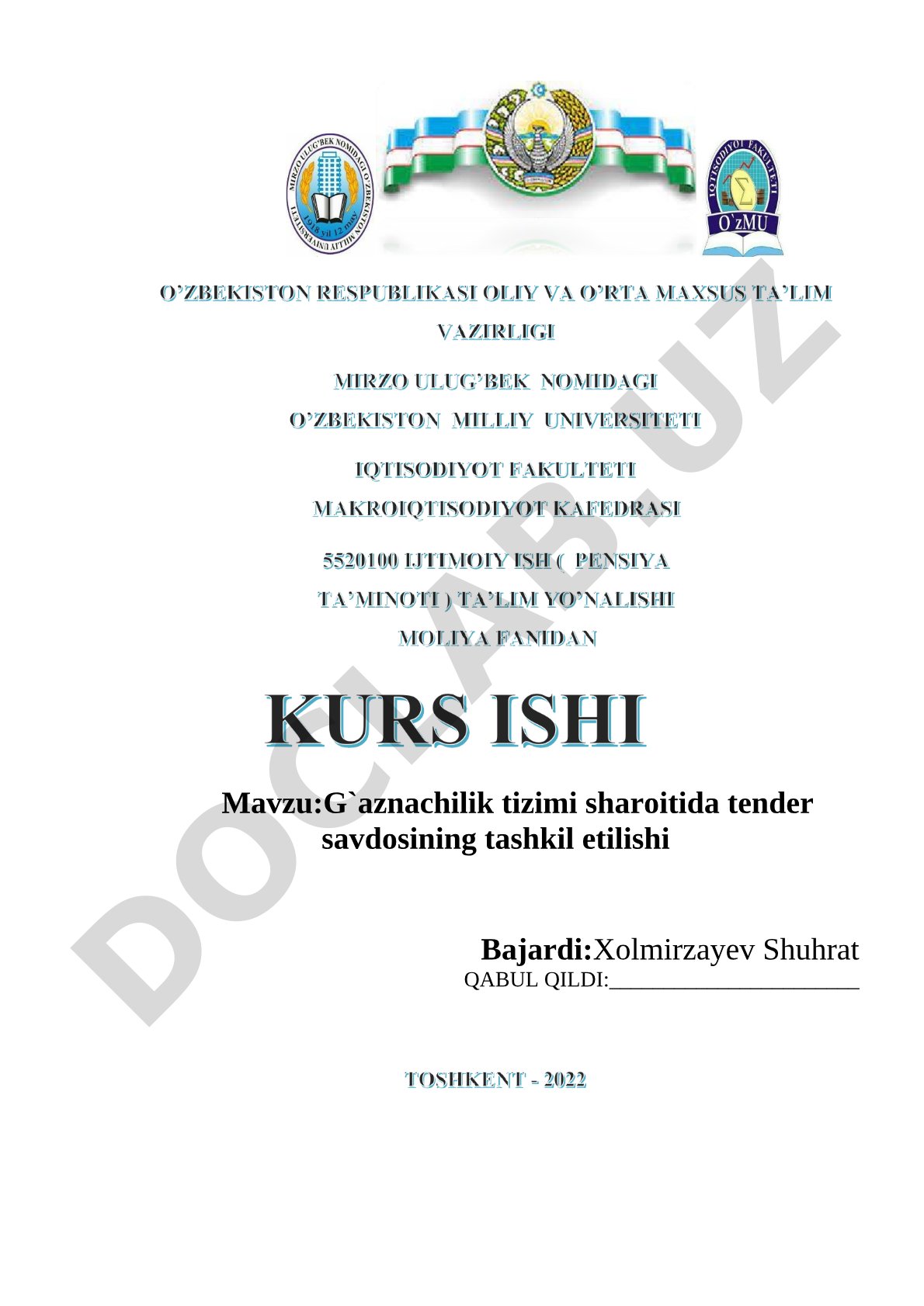 G‘aznachilik tizimi sharoitida tender savdosining tashkil etilishi