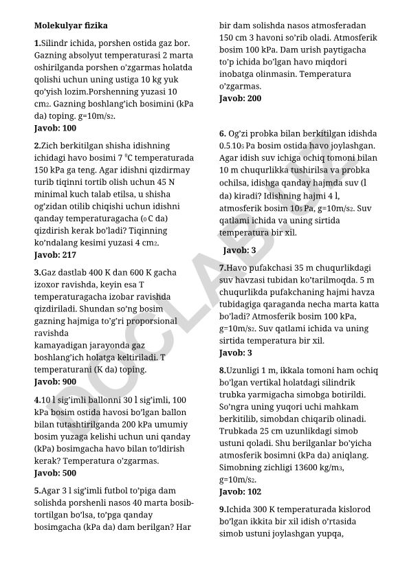 Molekulyar fizika masalalari va yechimlari