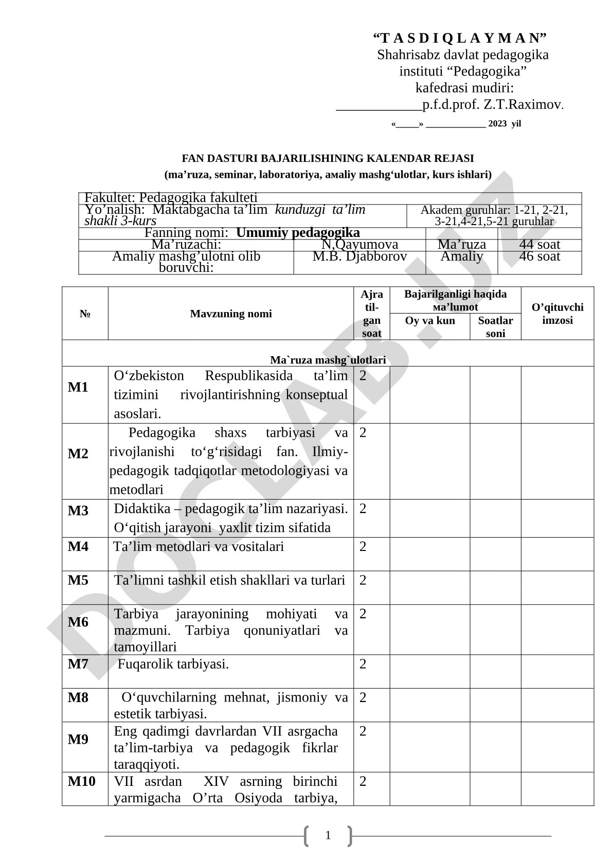Umumiy pedagogika fanidan kalendar reja