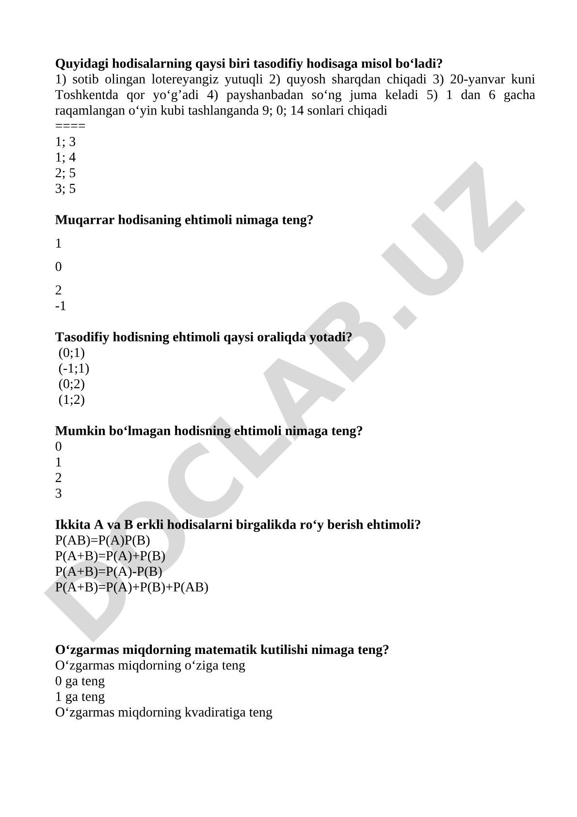 Ehtimollar nazariyasi bo'yicha test savollari