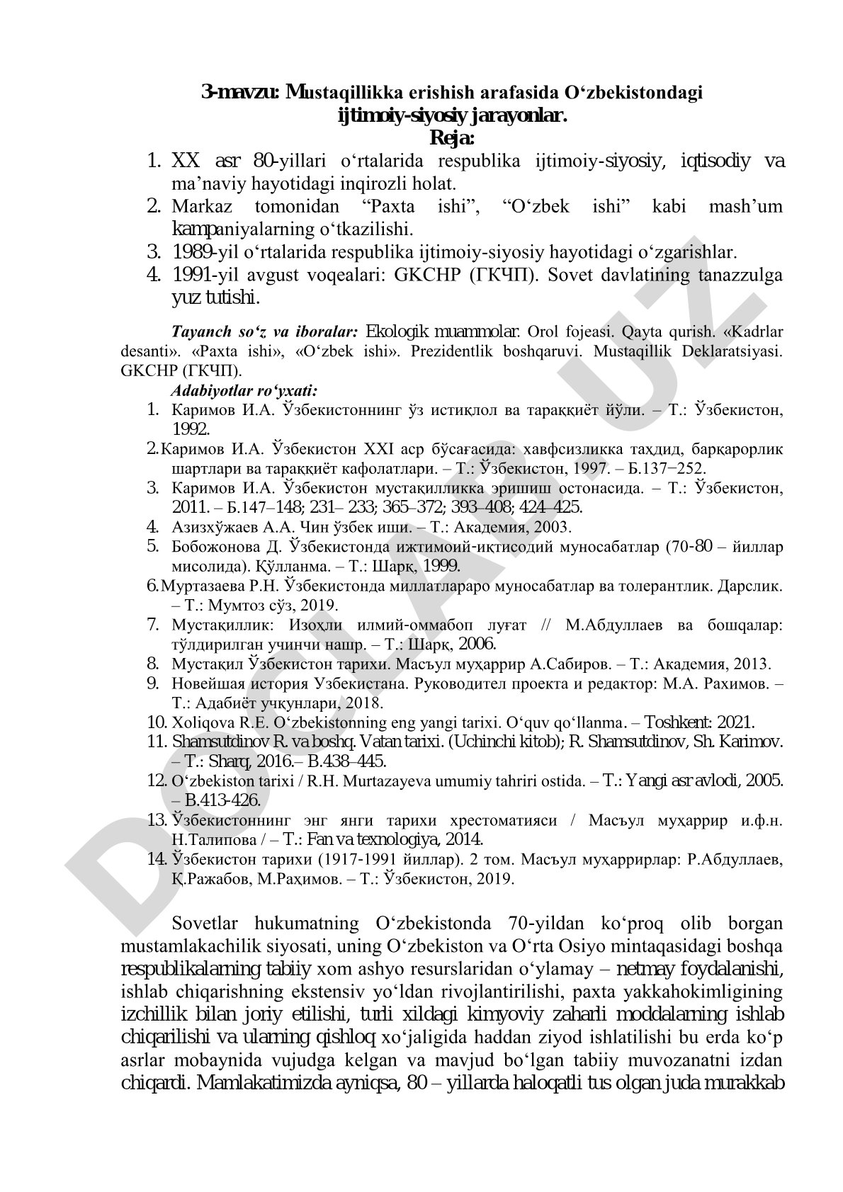 Mustaqillikka erishish arafasida O‘zbekistondagi ijtimoiy-siyosiy jarayonlar